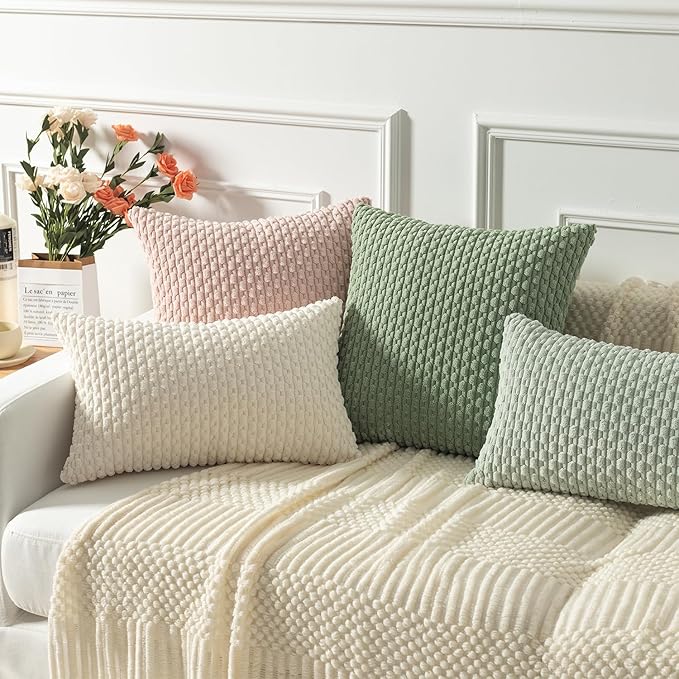 Kevin Textile 12x20 Inch Pillow Cover 1 Pack Boho Decorative Soft Striped Corduroy Lumbar Farmhouse Solid Color Accent Rectangle Cushion Case for Living Room Couch Sofa Bed, Cream White