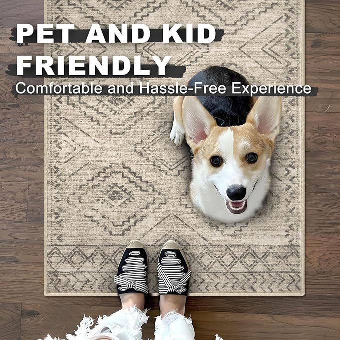 KILOCOCO Hallway Runner Rug 2'x10' Runners for Hallways Washable Runner Rug Non Slip Rubber Backed Low-Pile Runners for Bedroom Kitchen Living Room Laundry Room Boho Rugs, Beige/Gray/Green