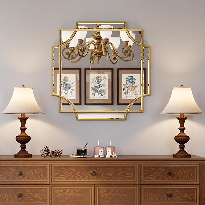 Kelly Miller Gold Framed Mirror for Wall, 26"x26" Gold Square Vanity Mirror Decorative Mirror Beveled Wall Decor for Bathroom Powder Room Living Room Bedroom Bedside Table Entryway Hallway