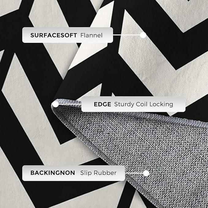 4x6 Black and White Chevron Rugs for Bedroom Decor, Washable Chevron Geometric Pattern Area Rug, Living Room Home Decoration, Non Slip Soft Thin, Modern Zigzag Decor Carpet PF-P 49