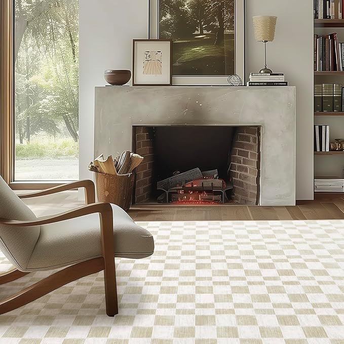 EVERGRACE Checkered Plaid Area Rug, Soft Faux Wool, 8x10, Washable, Anti Slip, Large Carpet for Entryway, Bedroom, Living Room, Hallway, Kitchen, Dining Room, Laundry, Beige