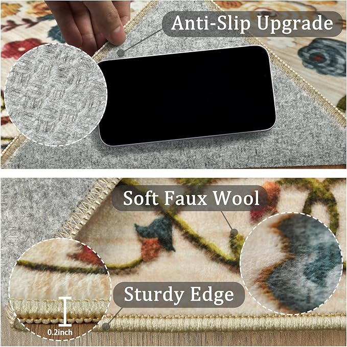 2x3 Machine Washable Area Rug for Entryway, Beige Vintage Boho Floral Rug Non-Slip Low Pile Soft Faux Wool Small Carpet, Kids and Pets Friendly for Bedroom Kitchen Hallway Bedside Home Decor Rug