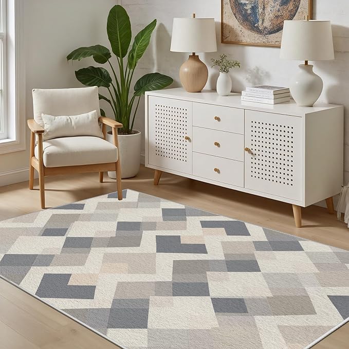 Modern Area Rug Living Room Rugs 7x9, Minimalist Soft Boho Geometric Rug, Non-Slip Washable Low Pile Non Shedding Carpet for Bedroom Office Dining Room Kitchen Nursery, Gray Beige White