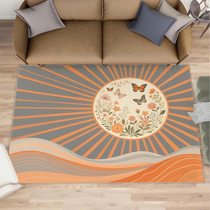 Boho Sun Area Rugs 6x9ft, Minimalist Line Fluffie Rugs for Living Room, Geometric Solar Nursery Rug with Under Rug Non Slip Tape for Bedroom Kids Room