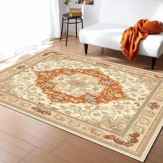 Orange Bohemian Rectangular Area Rugs for Living Room Bedroom 5 x 8 ft Vintage Farmhouse Floral Pattern Non-Shedding Soft Low Pile Rug Non Slip Washable Rug for Nursery Entryway Playroom