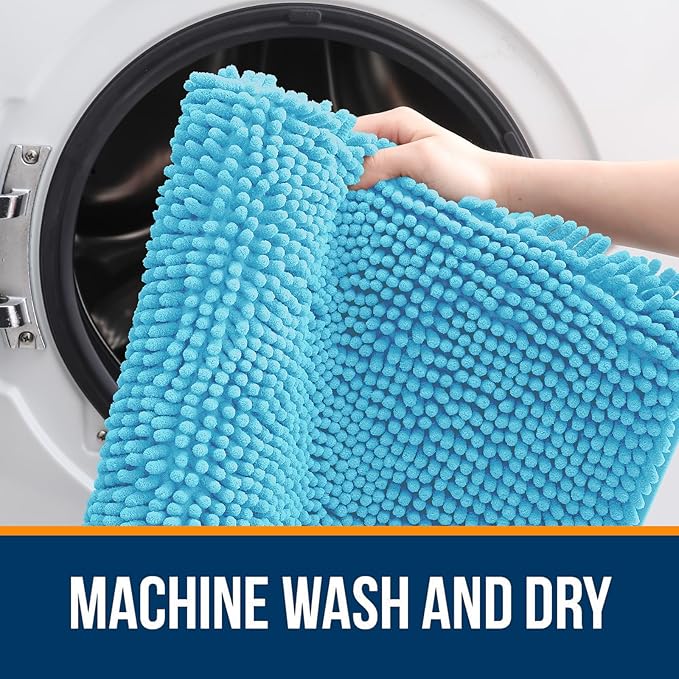 OLANLY Bathroom Rugs 47x24, Extra Soft Absorbent Chenille Bath Rugs, Rubber Backing Quick Dry, Machine Washable Bath Mats for Bathroom Floor, Tub and Shower, Home Decor Accessories, Sky Blue