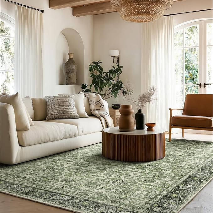 Washable Area Rugs 5'x7' Non-Slip Vintage Boho Distressed Fade Resistant Low Pile Carpet for High-Traffic Living Room, Bedroom & Dining Room