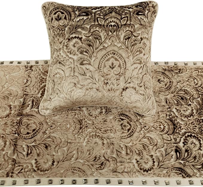 The HomeCentric King/Queen/Twin Beige Decorative King 90"x18" Bed Runner with Pillow Cover, Velvet Damask & Crystal Border Bed Scarf on Velvet Fabric - Henriretta