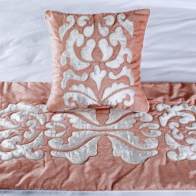 The HomeCentric Designer Peach & Ivory Queen 74 x 18 inch Bed Runner Without Pillow Cover, Velvet Applique Bed Scarf, Abstract Modern - Peach Elegance