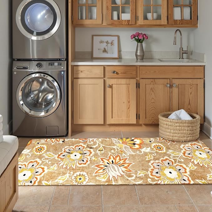 Lahome Floral Runners Rugs for Hallways - 2x6 Washable Non-Slip Kithcen Runner Rug Throw Soft Lightweight Bedroom Rug, Tan Paisley Print Modern Indoor Carpet Runner for Bathroom Laundry Room Entrance