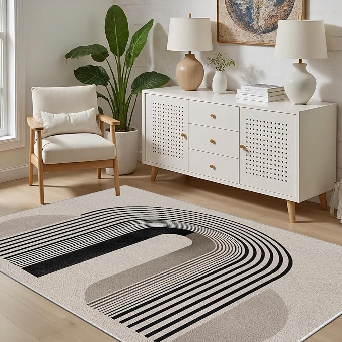 Modern Washable Rug for Living Room 6x8, Boho Abstract Striped Area Rugs, Soft Non Slip Low Pile Farmhouse Carpet for Bedroom Dining Room Kitchen, Stain Resistant, Pet Friendly, Beige Black
