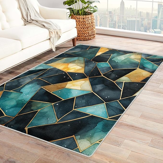 Blue and Gold Rug, 7x9 Rug, Watercolor Art Rugs for Living Room Bedroom, Luxury Large Area Rug, Washable Rug Non Slip Soft Indoor Carpet, Blue and Gold Home & Room Decor