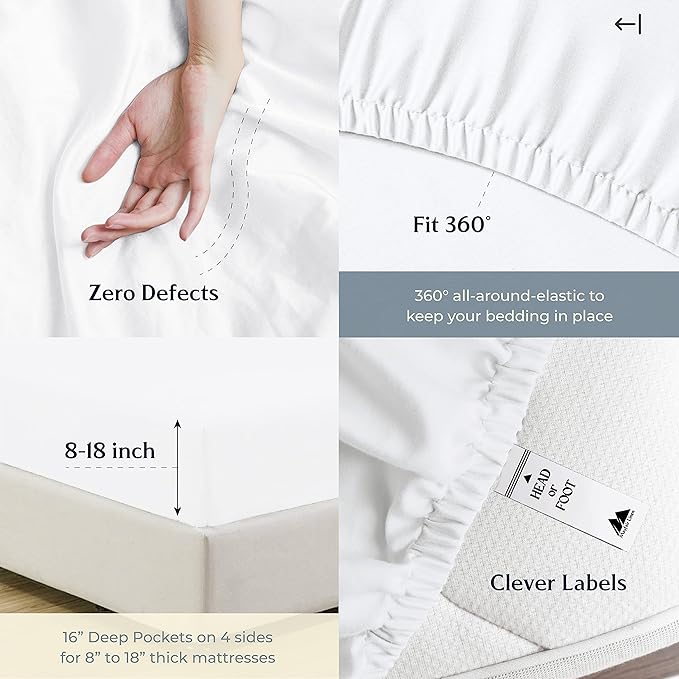 Mayfair Linen 100% Cotton Sheets Queen Size Bed Set - 500 Thread Count Sheets Queen Size 4 PC Set (White), Soft, Cooling, Hotel-Quality 16" Deep Pocket Cotton Bedsheet for Hot Sleepers