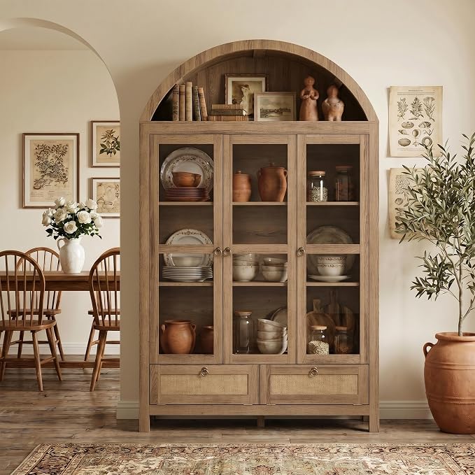 TYBOATLE 75'' Arched Cabinet Classic Farmhouse Design w/Three Glass Doors
