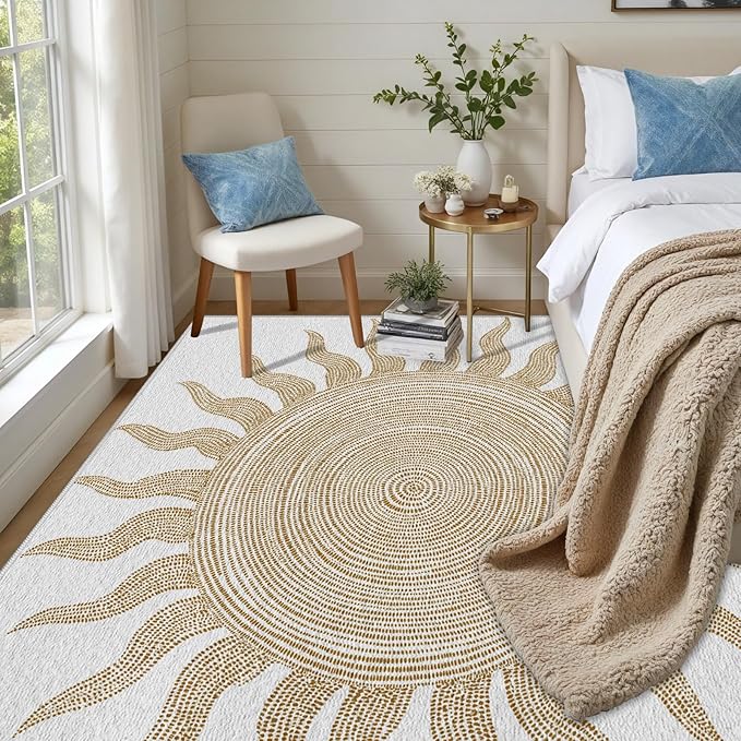 Boho Washable Rugs for Bedroom 6x9, Modern Sun Print Soft Minimalism Area Rug, Non Slip Low Pile Abstract Carpet for Classroom Living Room Decor Dining Room Sofa Kids Nursery Room, Beige Yellow