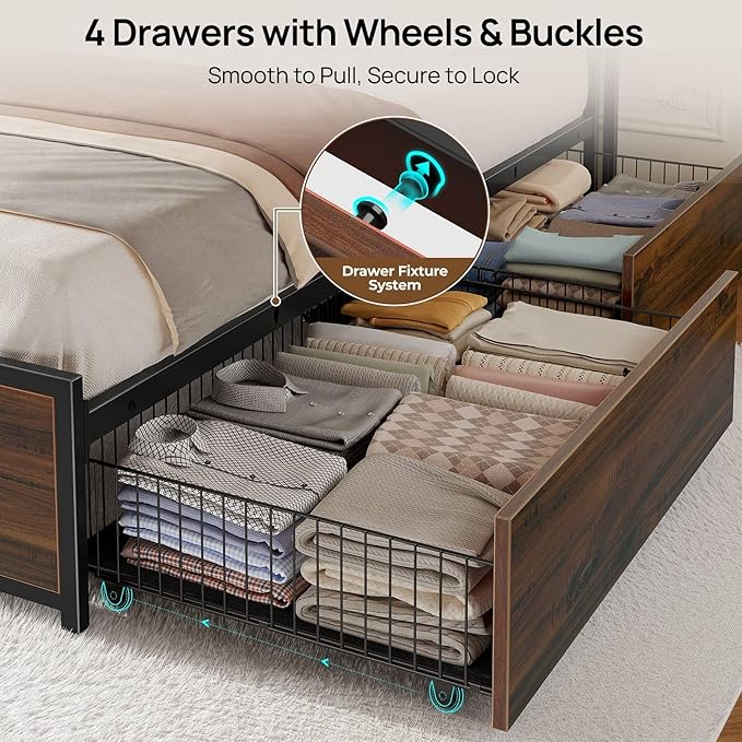 Rolanstar Queen Bed Frame with 4 Storage Drawers, Charging Station and LED