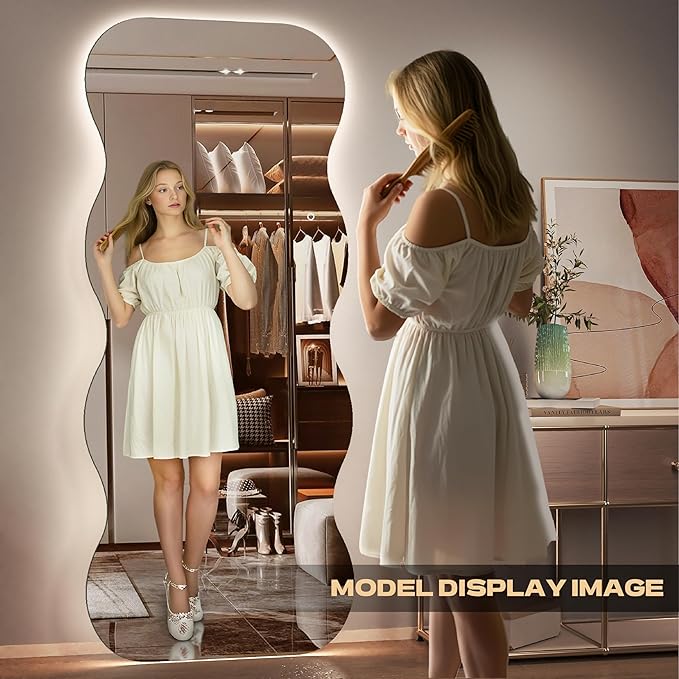 Hasipu Wavy Full Length Mirror with Lights - 71"×24" LED Wavy Floor Mirror, Frameless, Dimmable, Standing or Vertical/Horizontal Wall-Mounted Mirror for Bedroom, Living Room, Cloakroom
