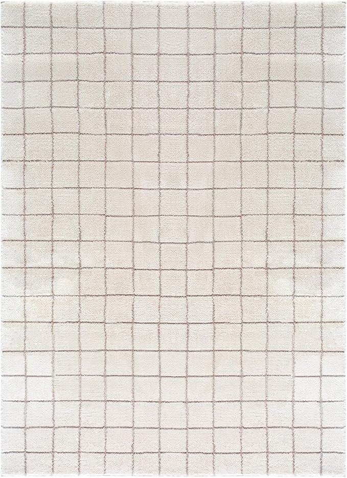 Livabliss x Our PNW Home Cascade Minimalist Grid Area Rug, 6'7" x 9', Grid Ivory/Taupe