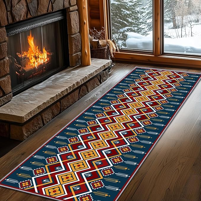 Dark Blue Runner Rug, 2x7ft Red Yello Diamond Hallway Decor Carpet, Corridor & Foyer Long Accent Rug, Entrance Non-Slip Mat Washable Rugs, Southwestern Stylish Home Decor Runner