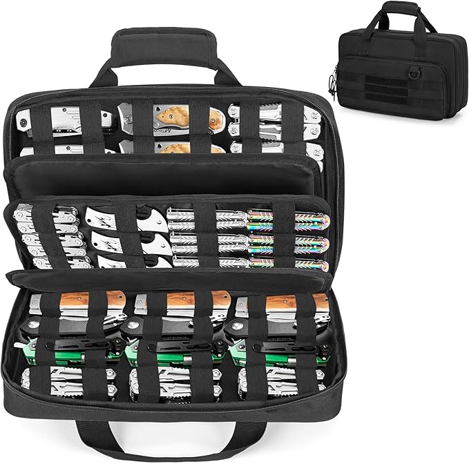 samdew Knife Display Bag for 74+ Pocket Knives, Butterfly Knife Storage Case with 3 Different Size Slots, Folding Knife Organizer Holder, Knife Collection Box with Hard PE Board, Soft Bag Only