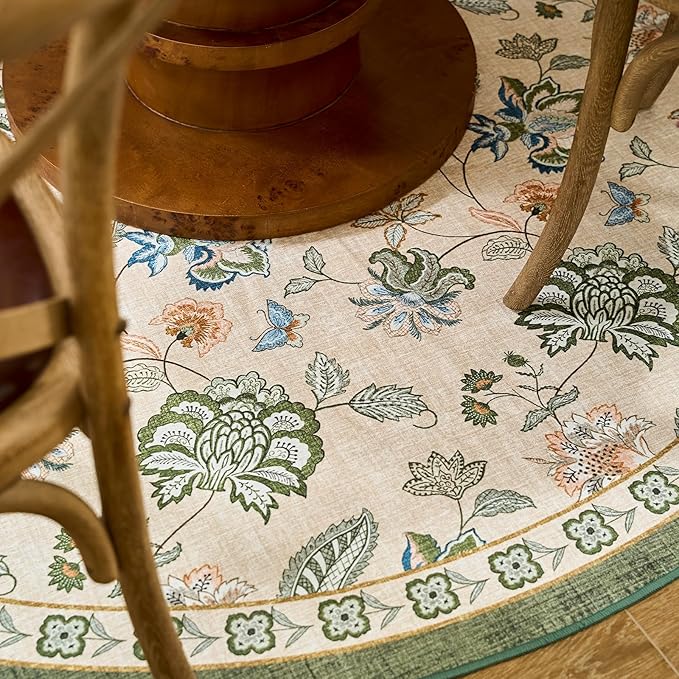 jinchan Elora Floral Corner Rug for Living Room Washable Bedroom Rug Vintage Romance Design Non Slip Quarter Circle Lightweight Low-Pile Throw Carpet for Reading Nook Playroom,7ft Radius, Green/Beige