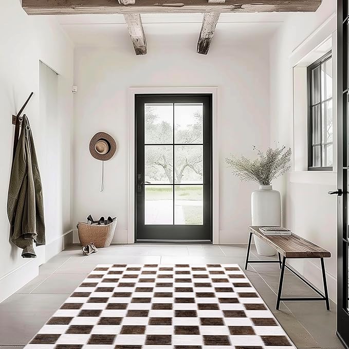 EVERGRACE Checkered Plaid Area Rug 4x6, Soft Fuzzy Faux Wool Rugs Washable Anti Slip Rugs Large Rug Carpet for Entryway Bedroom Living Room Hallway Kitchen Dining Room and Laundry Room, Dark Brown