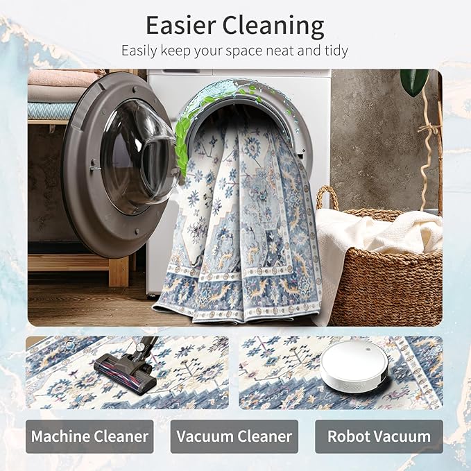 Enkor Area Soft Rugs 4x6 Washable Non Slip Boho Floor Rugs for Living Room Bedroom, Vintage Style Farmhouse Mat for Kitchen Entryway Blue & White
