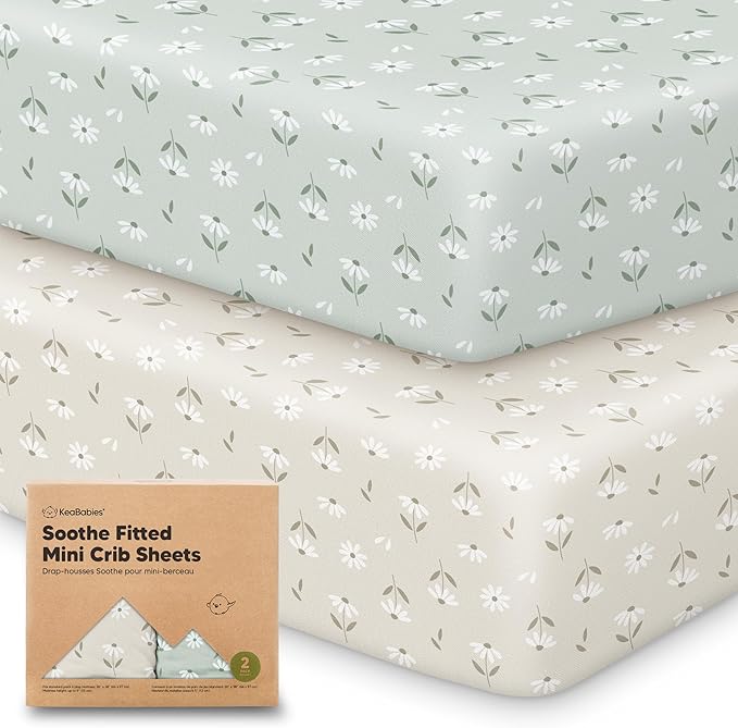 2-Pack Mini Crib Sheets Fitted - 38x26 Pack N Play Sheets for Pack and Play Mattress, Organic Cotton, Soft & Breathable Playard Bedding, Neutral Mini Toddler Bed Cover for Boys, Girls (Daisies)