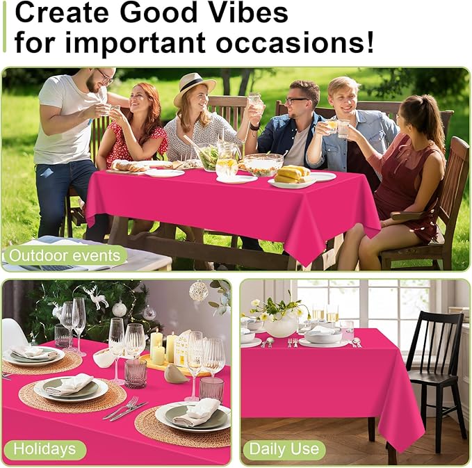 QIKSION Hot Pink Plastic Table Cloth Disposable 6 Pack, 54 x 108 Inch Tablecloths for Birthday Party, Valentines, Mothers Day Decorations, Rectangle Table Cover
