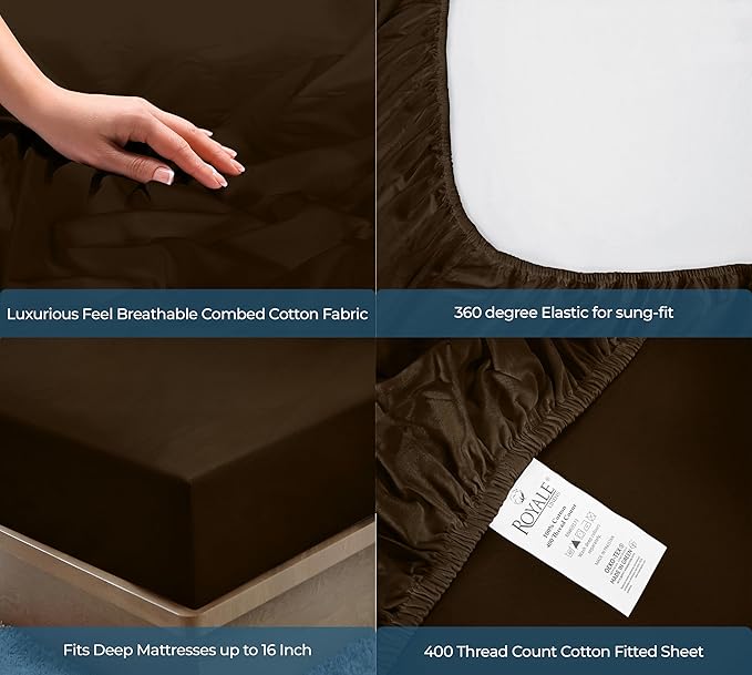 Royale Linens 400 Thread Count 100% American Grown Cotton Fitted Sheet Full Size - All Around Elastic Fitted Sheets - Luxury Sateen Weave - Snug Fit Bottom Sheet Fit Up to 16 Inch (Full, Hazel Nut)