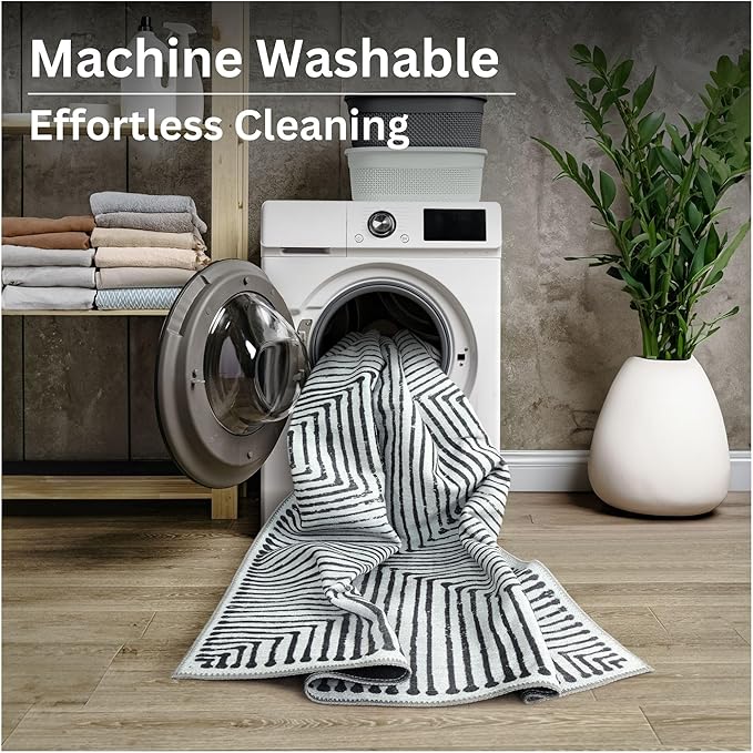 Bloom Rugs Washable Non-Slip 12 ft Runner - Black/Ivory Striped Runner for Entryway, Hallway, Bathroom, and Kitchen - Exact Size: 2.5' x 12'