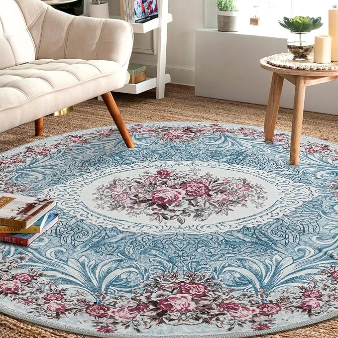 Easy-Going Round Rug 6ft Area Rug Washable Floral Circle Rugs for Living Room Non-Slip Bedroom Rug Low Pile Lightweight Retro Flowers Throw Rug for Dining Room Kitchen Home Home Office, Teal Red