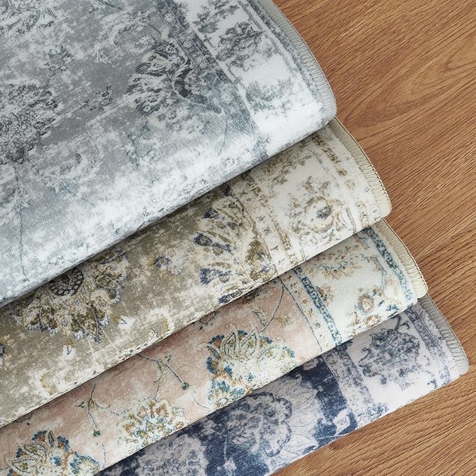 jinchan Fiora Washable Area Rug 3x5 Entryway Rug - Distressed Vintage Floral Ultra-Thin Low-Pile Soft Non-Shedding Indoor Floor Carpet for Kitchen Bedroom Entrance Laundry Living Room(3x5ft, Grey)