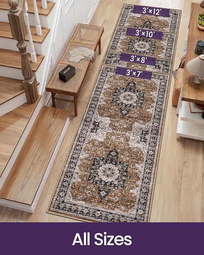 DEXI Hallway Runner Rug 3x7, Distressed Non Slip Runners Carpet, Boho Vintage Soft Thin Indoor Rug, Stain Resistant Washable Entry Mat for Entryway Kitchen Laundry Room Living Room, Brown