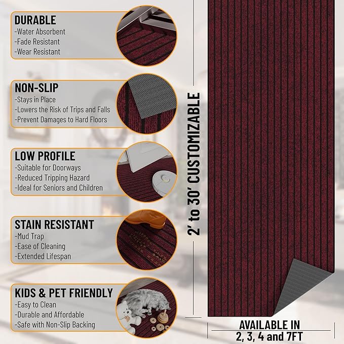 Ottomanson 2' x 14' Hallway Runner with Scraper Pile - Extra Durable Non-Slip Rug Mat for Indoor & Outdoor Use - Ideal for Kitchen, Entryway, Patio & Garage - High-Traffic Carpet, Red