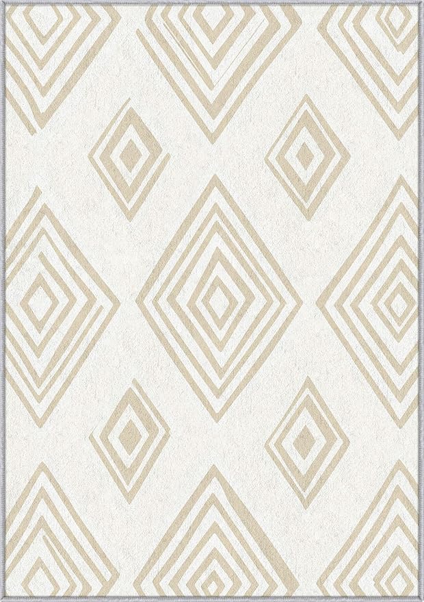 Washable 4x5 Modern Geometric Rug Living Room, Beige Abstract Diamond Design Area Rugs for Bedroom, Modern Geometric Home Decor Carpet, Low Pile, Non Slip, Kids & Pet Friendly (N4177)