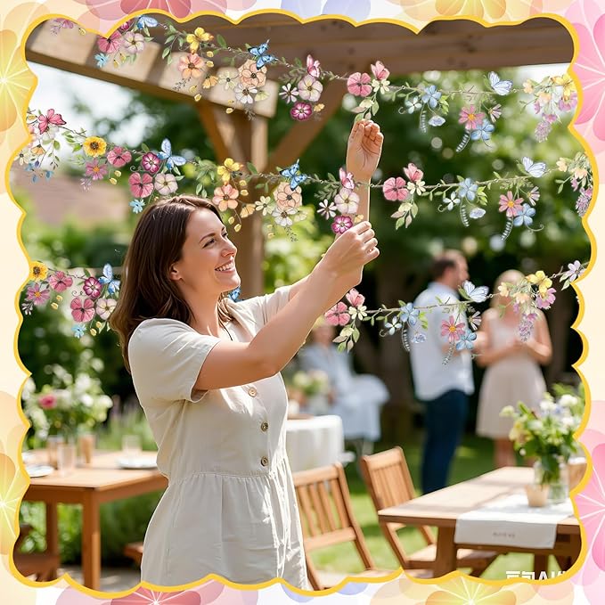 Hahafelt 3 Pcs 18 ft Wildflower Garland Banner Reusable Waterproof Spring Party Decor Butterfly Garland for Mother's Day Garden Baby Shower Birthday Tea Supplies Woodland Party Decorations