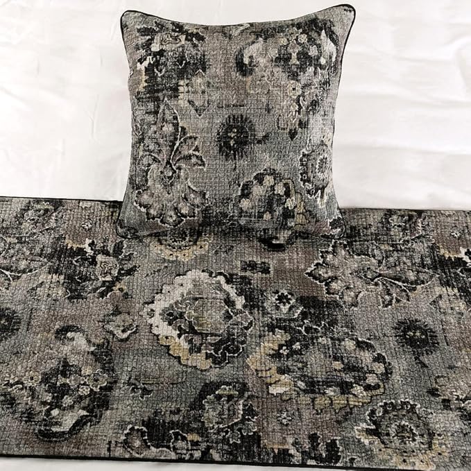 The HomeCentric Decorative Black & Grey CA King 86 x 18 inch Bed Runner with Matching Pillow Cover, Velvet Damask with Tassels Bed Scarf, Abstract Modern - Paved Damask