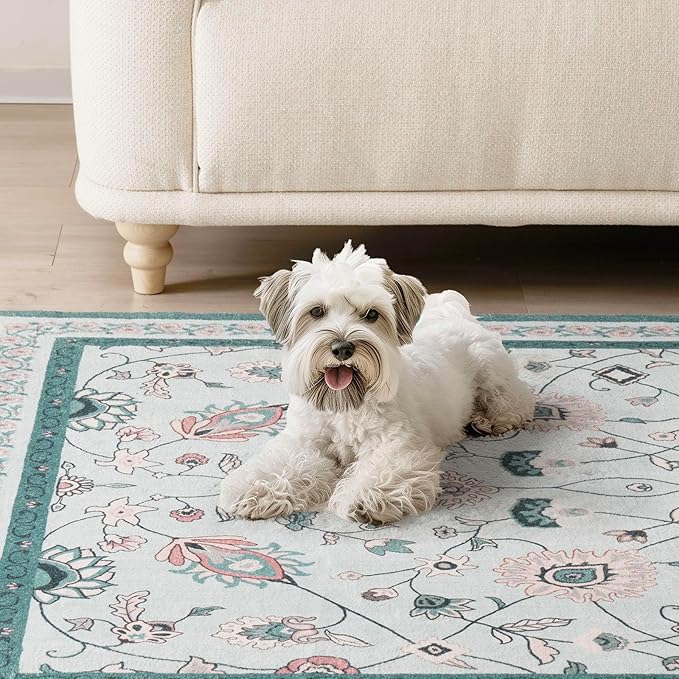 EVERGRACE Hallyway Area Runner Rugs 2x10, Boho Floral Faux Wool Indoor Outdoor Rugs, Washable Rugs for Bedroom Dining Room Living Room Kitchen, Low Pile Floor Mat Carpet for Home Decor, Pale Blue