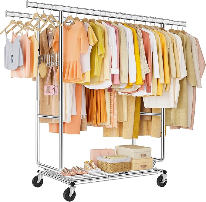 FAVOOSTY Heavy Duty Clothes Rack for Hanging Clothes Double Rods, Rolling & Extending Clothing Rack with Wheels, Garment Coat Rack Freestanding, Portable Clothes Rack, Sliver