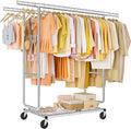 FAVOOSTY Heavy Duty Clothes Rack for Hanging Clothes Double Rods, Rolling & Extending Clothing Rack with Wheels, Garment Coat Rack Freestanding, Portable Clothes Rack, Sliver