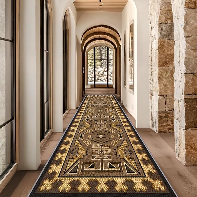 Brown Geometric Runner Rug, 2x6ft Hallway Runner Washable Rug, Corridor & Foyer High-Traffic Rugs, Indoor Durable Non-Slip Mat, Vintage Southwestern Decorative Home Carpet