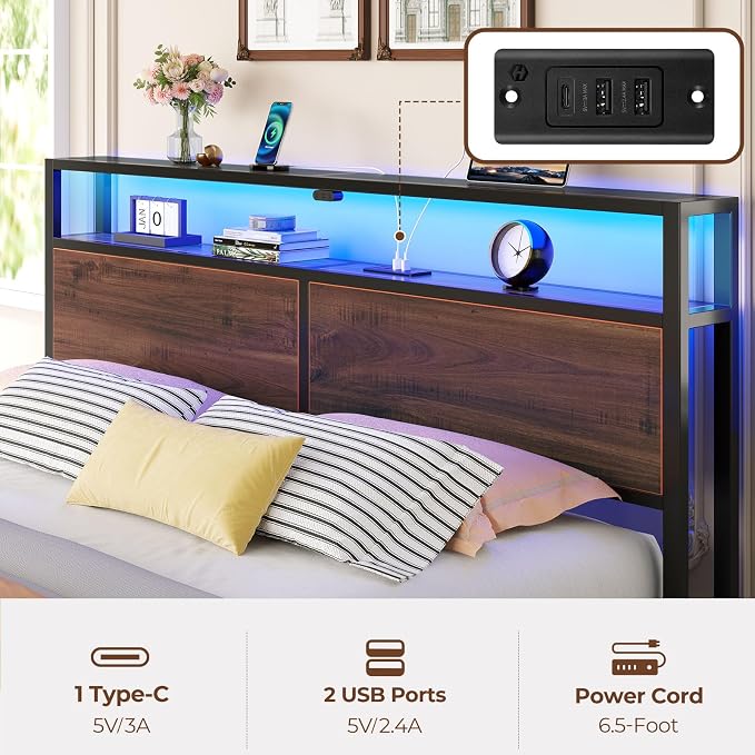Rolanstar Twin Bed Frame with 4 Storage Drawers & 2-Tier Storage Headboard