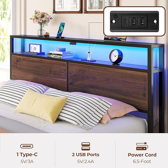Rolanstar Queen Bed Frame with 4 Storage Drawers & 2-Tier Storage Headboard