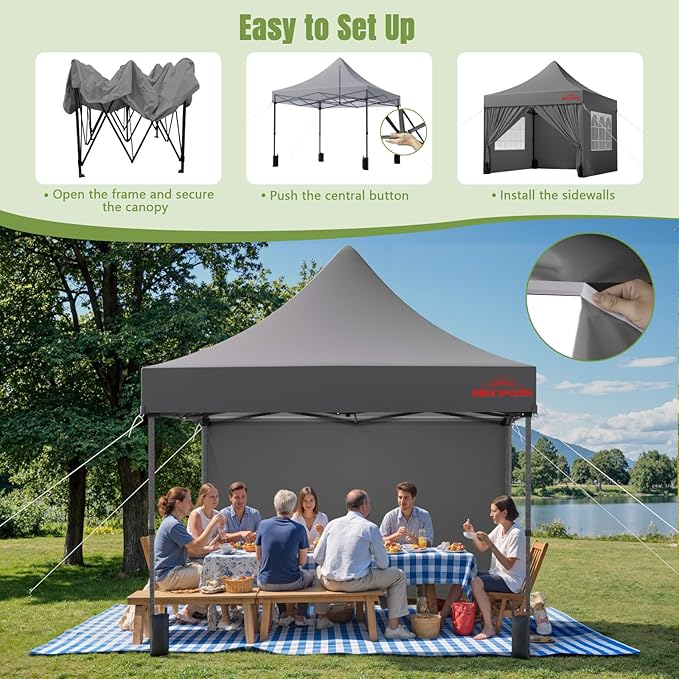 10x10 Heavy Duty Pop Up Canopy with 4 Sidewalls, 550D Commercial Easy Up Canopy Tent, Waterproof Outdoor Party Event Tent with Roller Bag, Grey