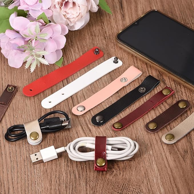 MECCANIXITY Pack of 10 Leather Cable Straps Cord Organizer 63x16mm Portable Cable Leather Clips Golden Earphone Cord Management for Cable, Wire