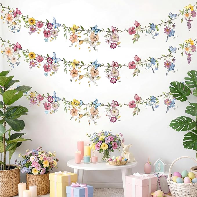 Hahafelt 3 Pcs 18 ft Wildflower Garland Banner Reusable Waterproof Spring Party Decor Butterfly Garland for Mother's Day Garden Baby Shower Birthday Tea Supplies Woodland Party Decorations