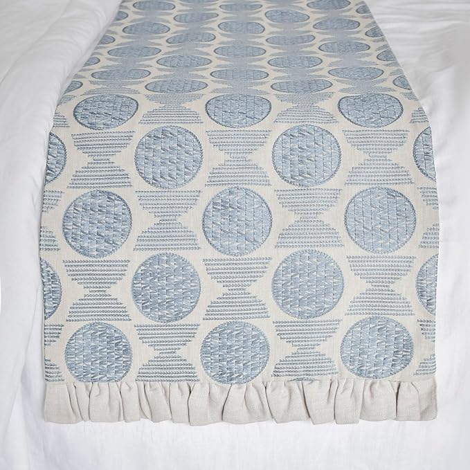 The HomeCentric King/Queen/Twin Blue Decorative Bed Runner Queen 74"x18" Bed Runner Without Pillow Cover, Embroidery, Ruffles Bed Scarf on Linen Fabric - Ellara Blue