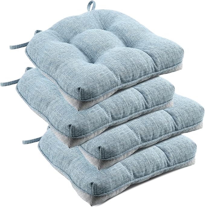 downluxe Indoor Chair Cushions for Dining Chairs, Tufted Overstuffed Textured Foam Kitchen Chair Pads with Ties and Non-Slip Backing, 15.5" x 15.5" x 4", Light Blue, 4 Pack