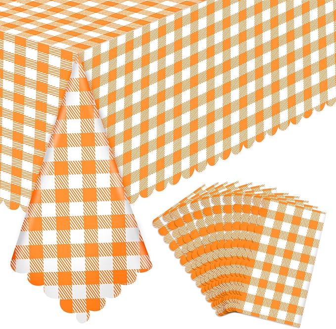 NatNarr 12 Pack Orange Gingham Tablecloth, 54 X 108Inch Plastic Orange Checkered Table Cloth Disposable Scalloped Tablecloths Waterproof Plaid Table Cover for Picnic Wedding Birthday Outdoors Party